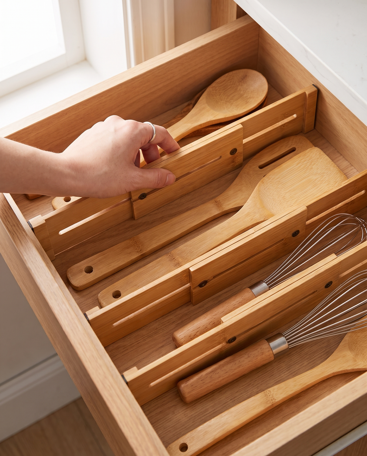 Separadores de cajón de bambú Vesta Home Hub organizando utensilios de cocina, vista superior con luz natural