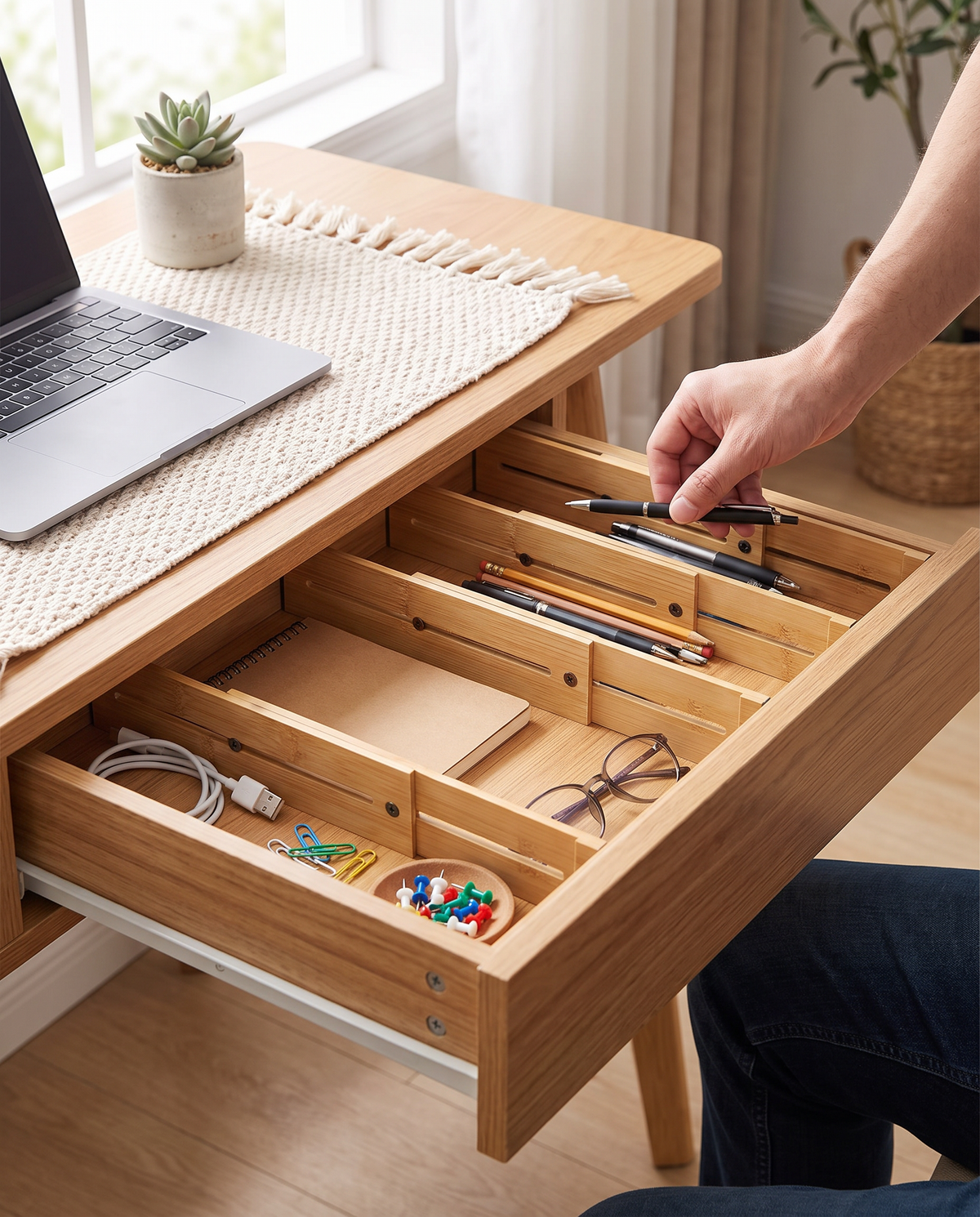 Separadores de cajón de bambú Vesta Home Hub organizando artículos de oficina en un escritorio