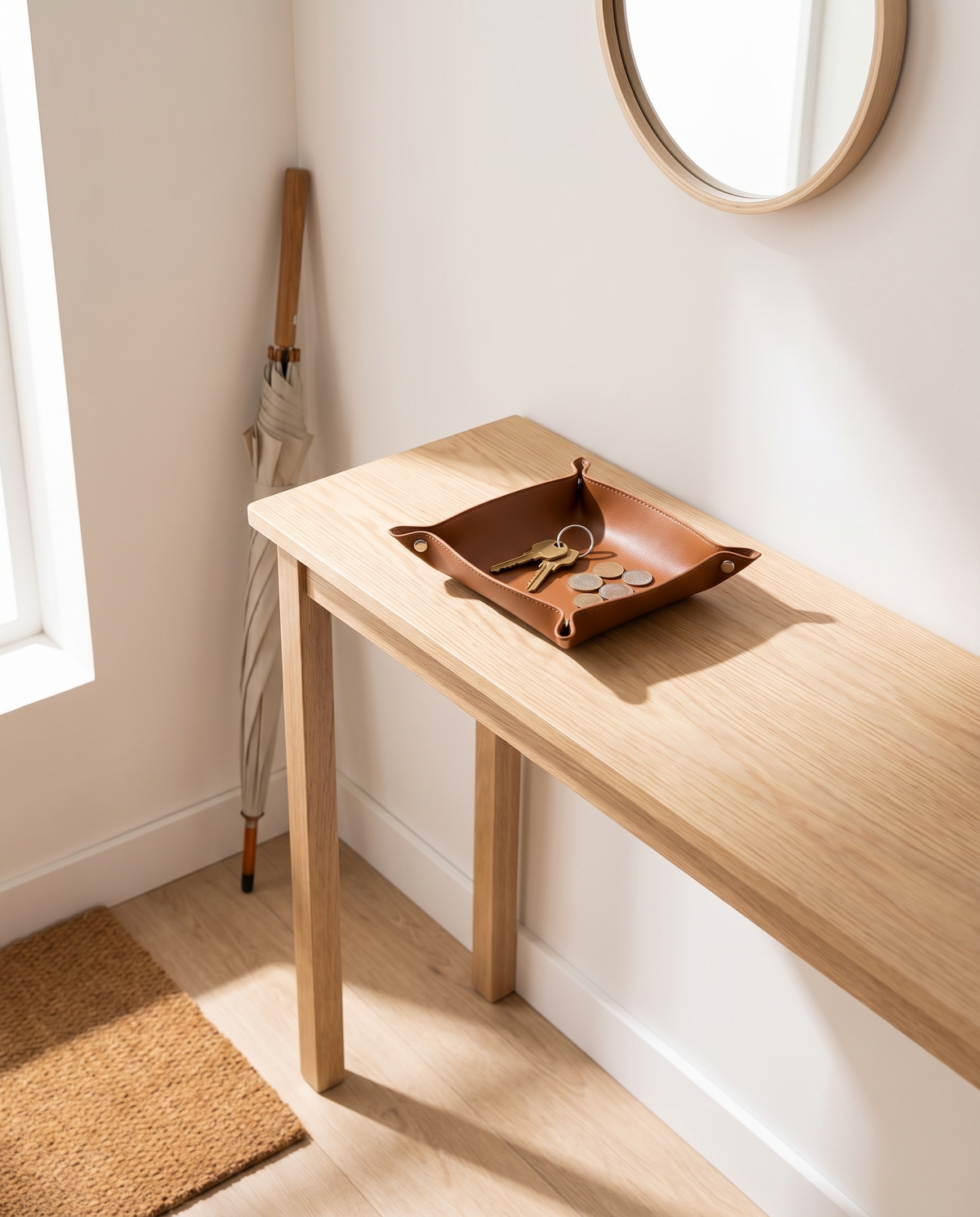 Entrada minimalista con bandeja de cuero café Vesta Home Hub sobre mesa consola, vista amplia