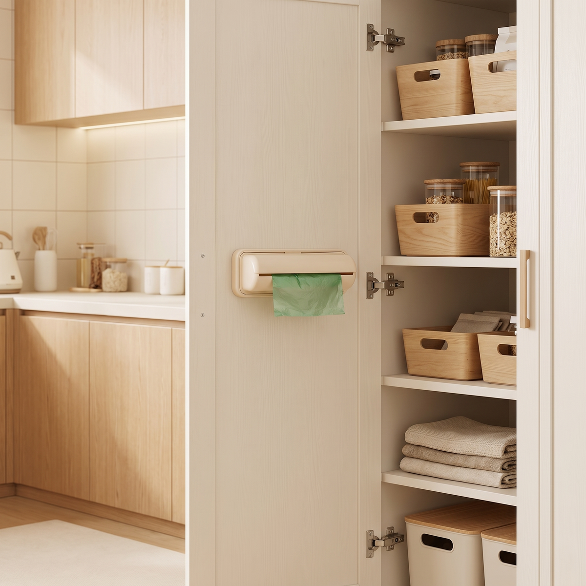 Dispensador de bolsas de basura Vesta Home Hub instalado dentro de una alacena