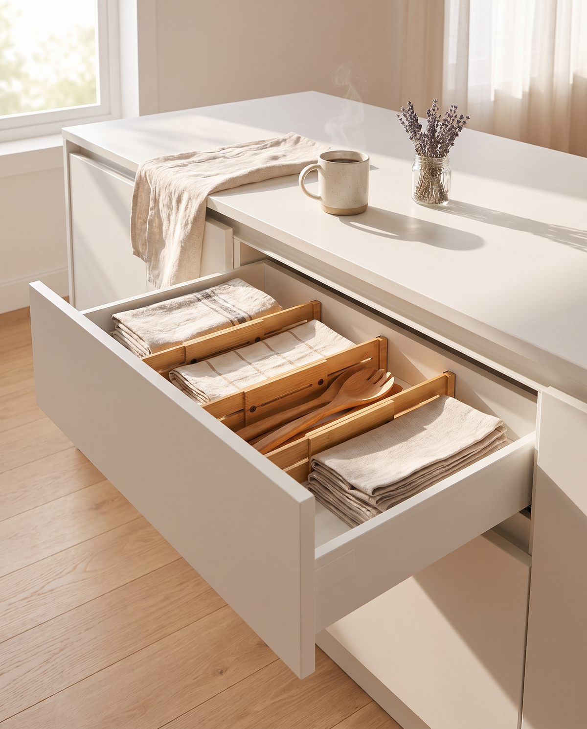 Cajón de cocina minimalista organizado con separadores de bambú Vesta Home Hub, vista amplia