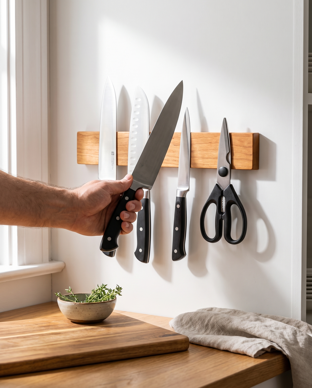 Soporte magnético de madera Vesta Home Hub con cuchillos organizados en la pared de la cocina
