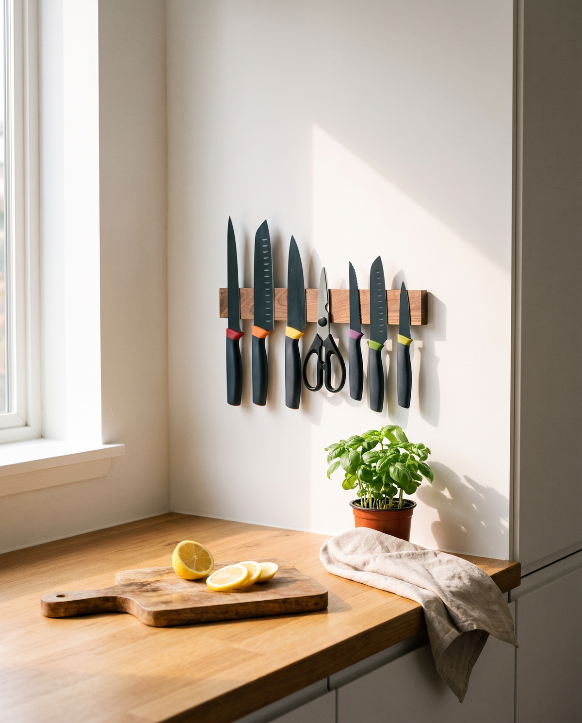 Cocina minimalista con soporte magnético de cuchillos Vesta Home Hub montado en la pared, vista amplia