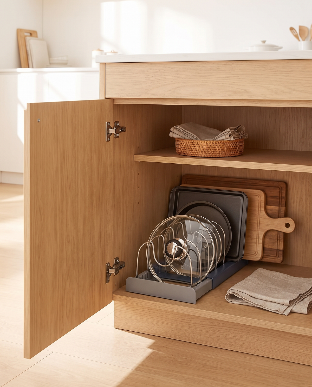 Gabinete de cocina minimalista organizado con el organizador expandible Vesta Home Hub, vista amplia