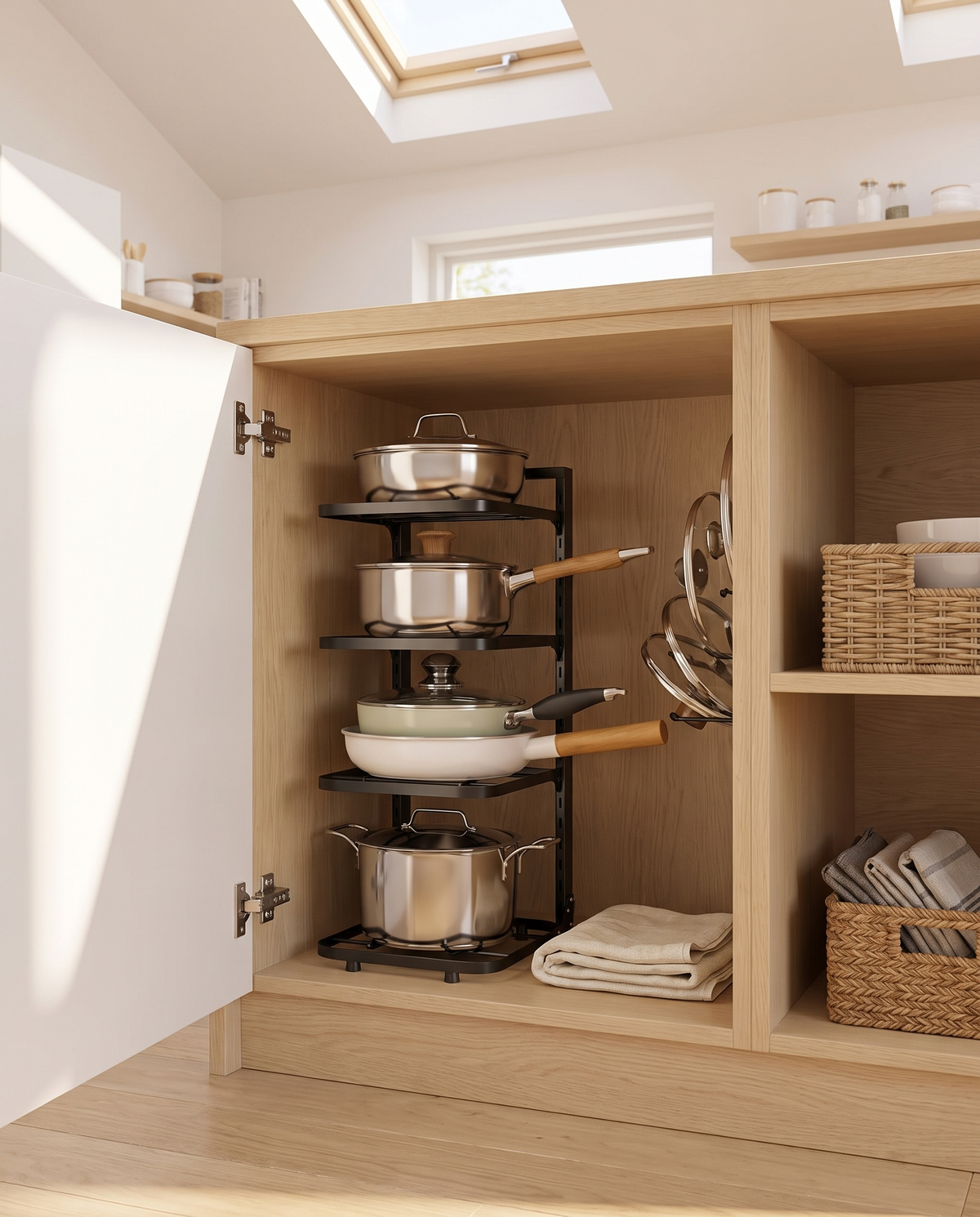 Gabinete de cocina minimalista organizado con el organizador de ollas y sartenes Vesta Home Hub, vista amplia