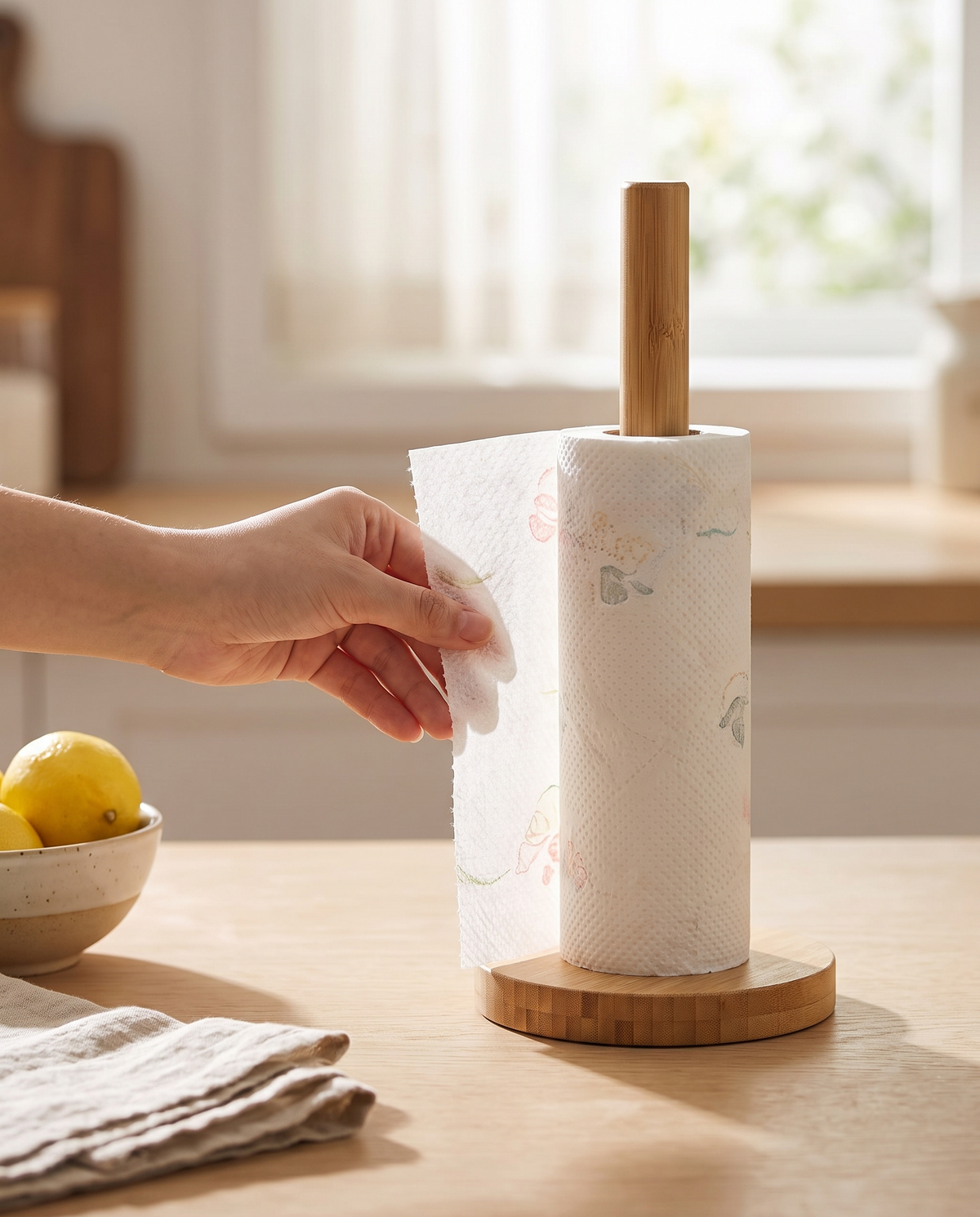 Soporte de bambú Vesta Home Hub barra sencilla en encimera de cocina, con mano tomando papel