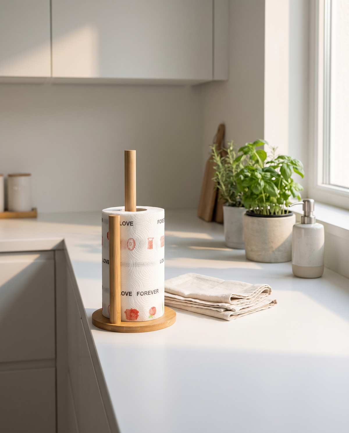 Cocina minimalista con soporte de bambú barra sencilla Vesta Home Hub en la encimera, vista amplia