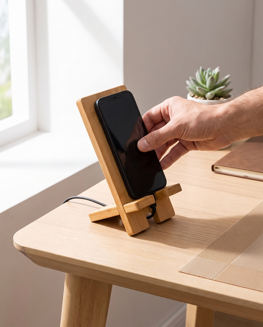 Organizador de escritorio de madera Vesta Home Hub con carga de celular, mano colocando el teléfono