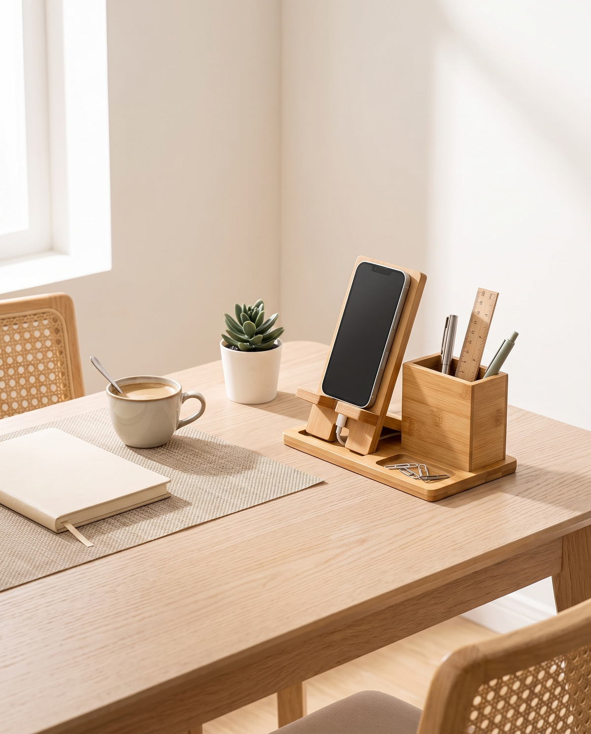 Escritorio minimalista con el organizador de madera y carga de celular Vesta Home Hub, vista amplia