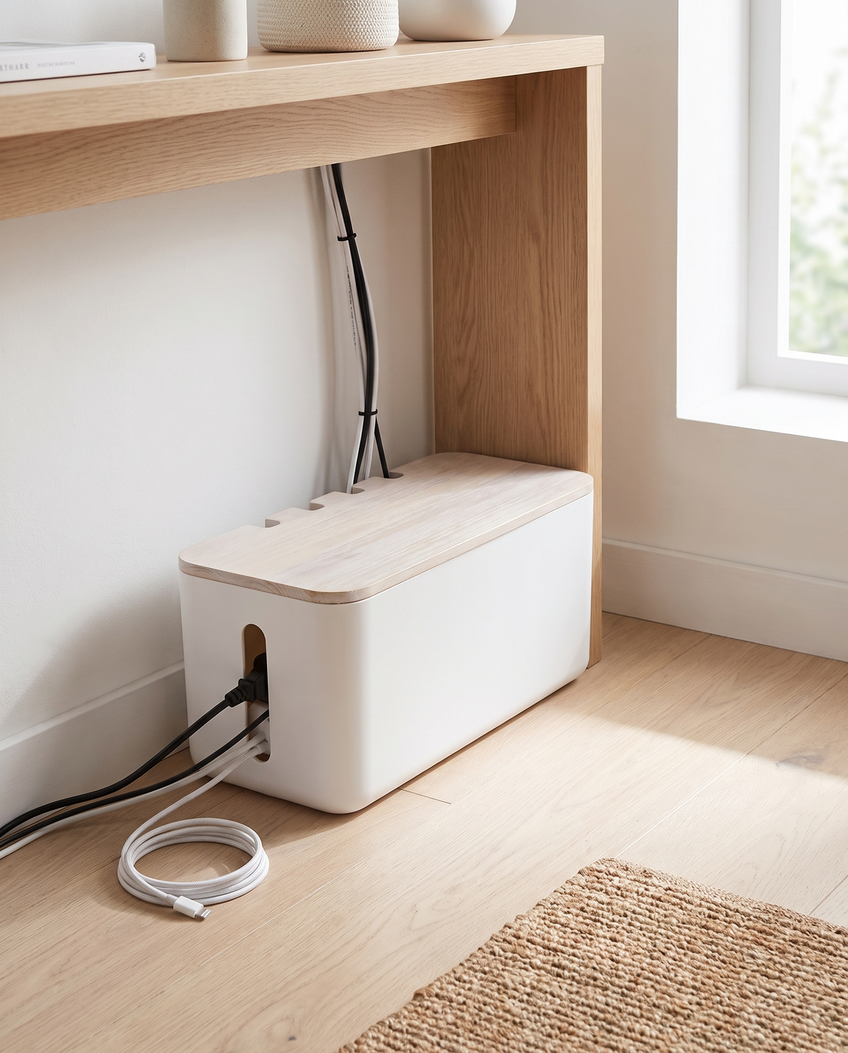 Rincón de home office minimalista con caja de cables blanca grande Vesta Home Hub, vista amplia