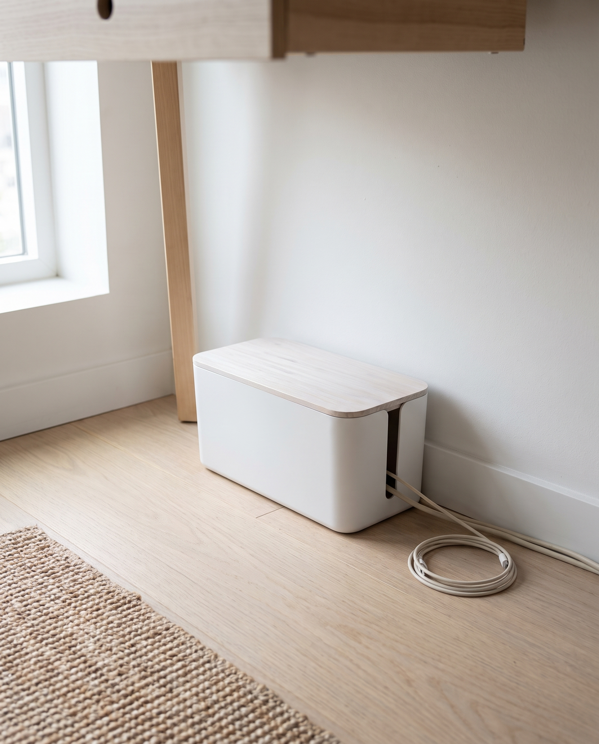 Rincón de home office minimalista con caja de cables blanca chica Vesta Home Hub, vista amplia