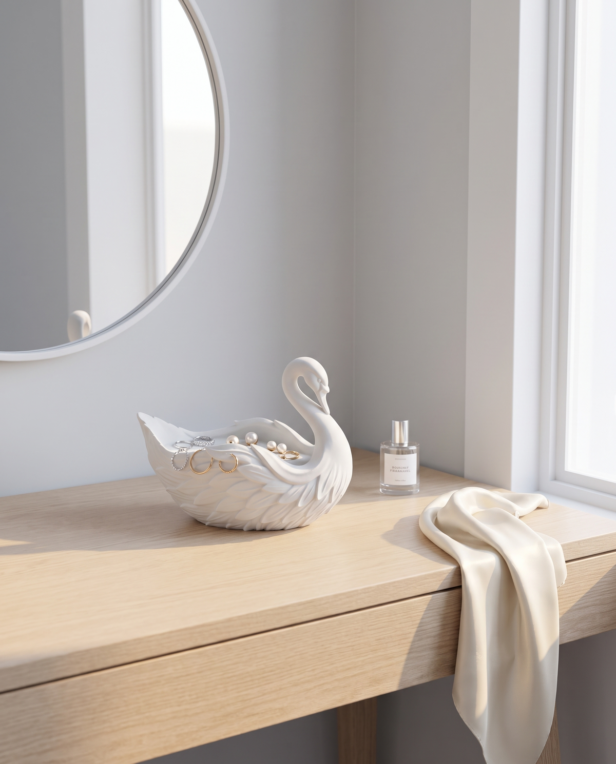 Tocador minimalista con organizador cisne blanco Vesta Home Hub, vista amplia