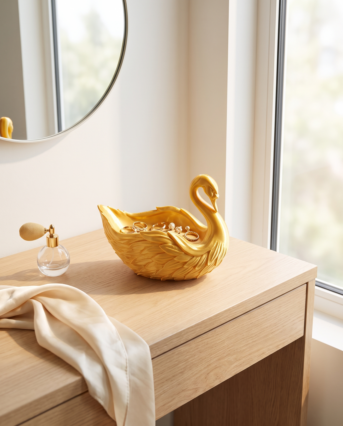 Tocador minimalista con organizador cisne dorado Vesta Home Hub, vista amplia