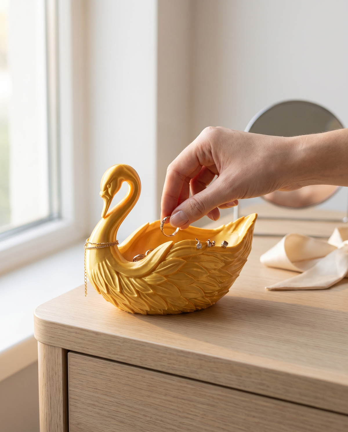 Organizador cisne para joyería Vesta Home Hub color dorado en tocador, mano colocando un anillo