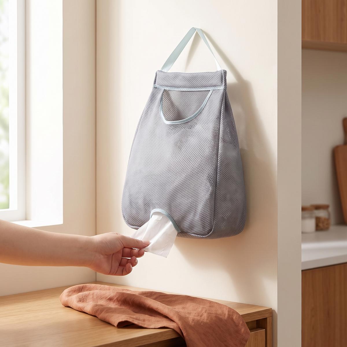 Detalle del dispensador de bolsas de malla lavable Vesta Home Hub en tonos cálidos