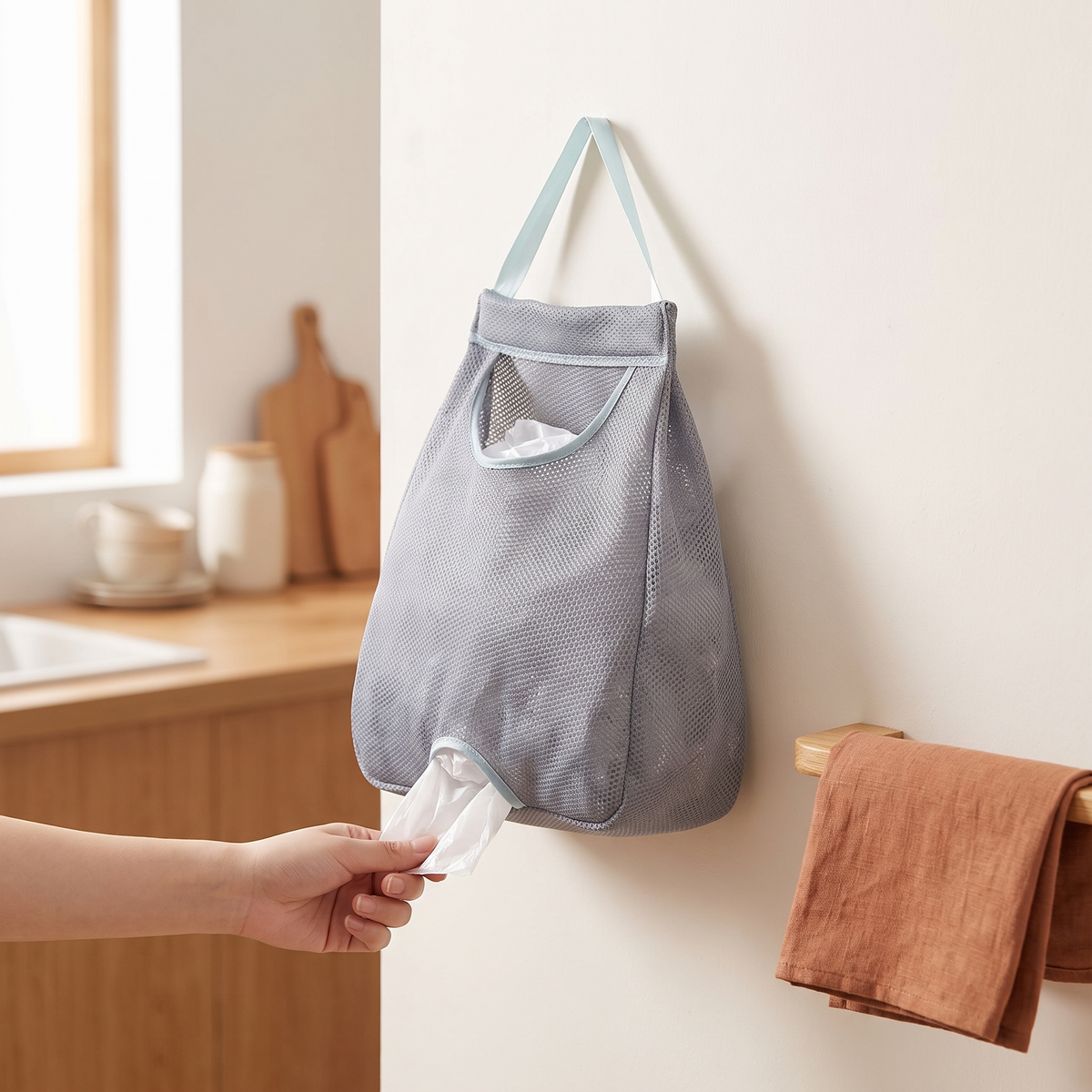 Dispensador de bolsas de malla lavable Vesta Home Hub instalado en la pared de una cocina minimalista