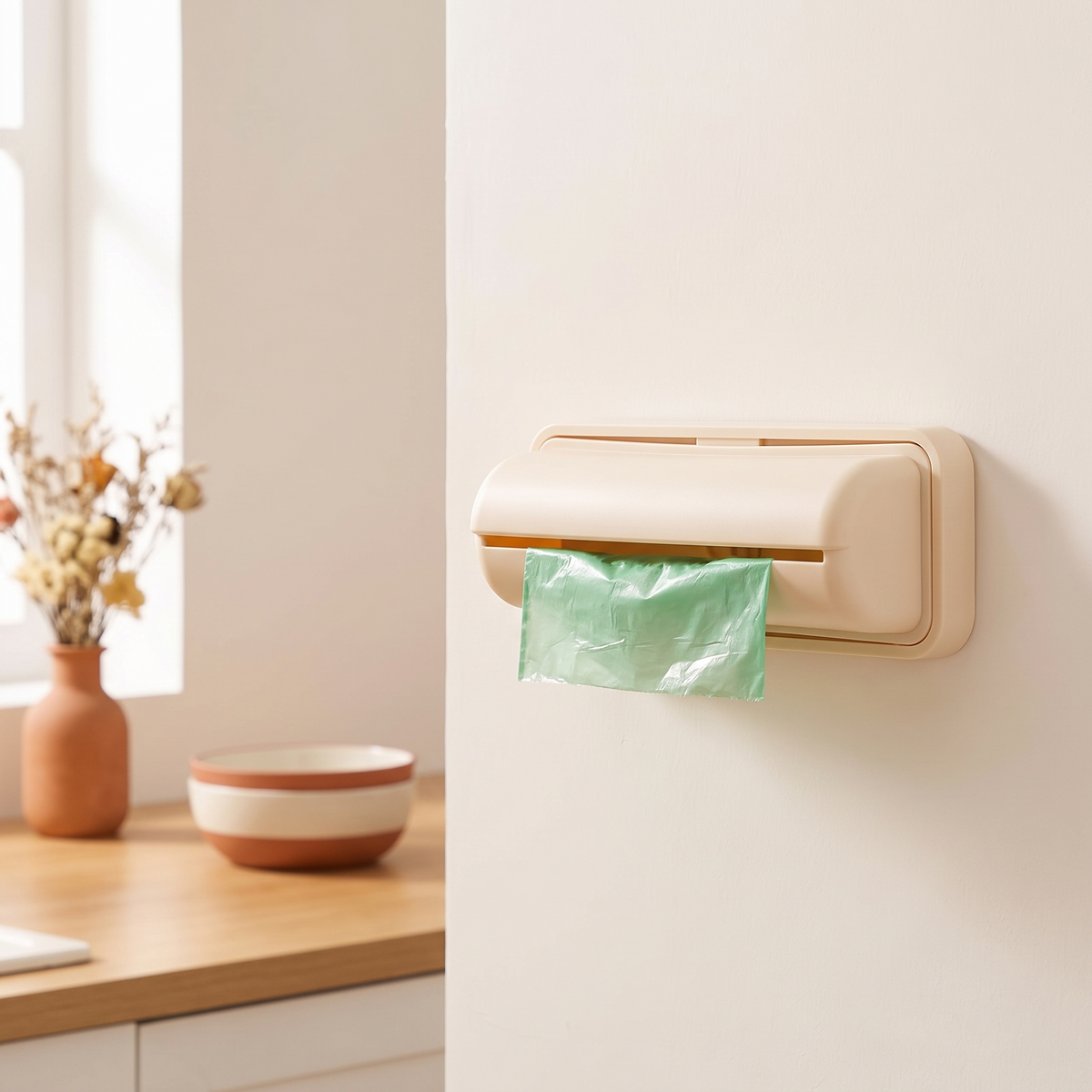 Dispensador de bolsas de basura de pared Vesta Home Hub en cocina minimalista