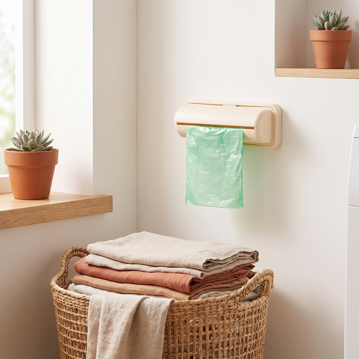 Dispensador de bolsas de basura Vesta Home Hub en un cuarto de servicio minimalista