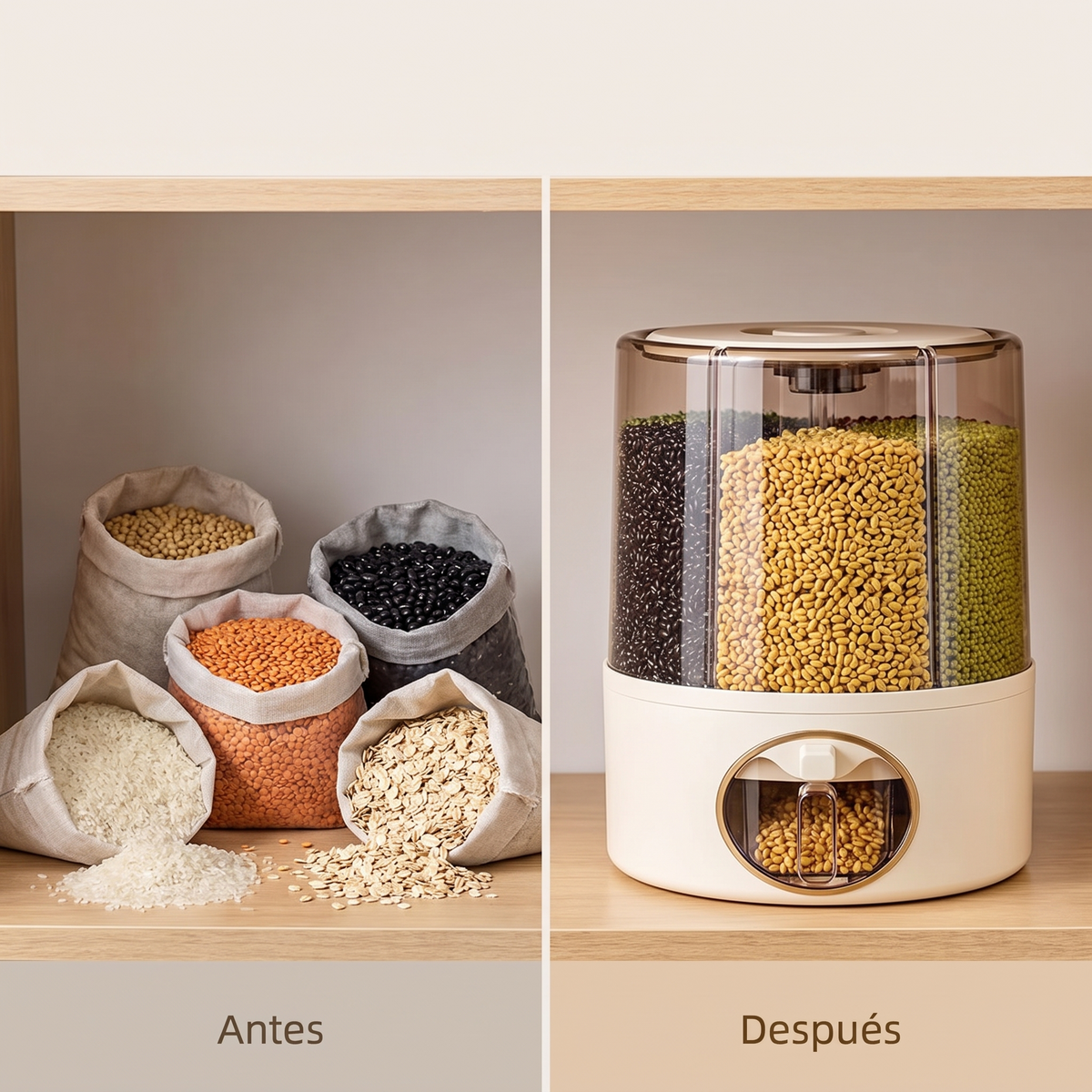 Antes y después: despensa desordenada vs contenedor giratorio Vesta Home Hub organizado